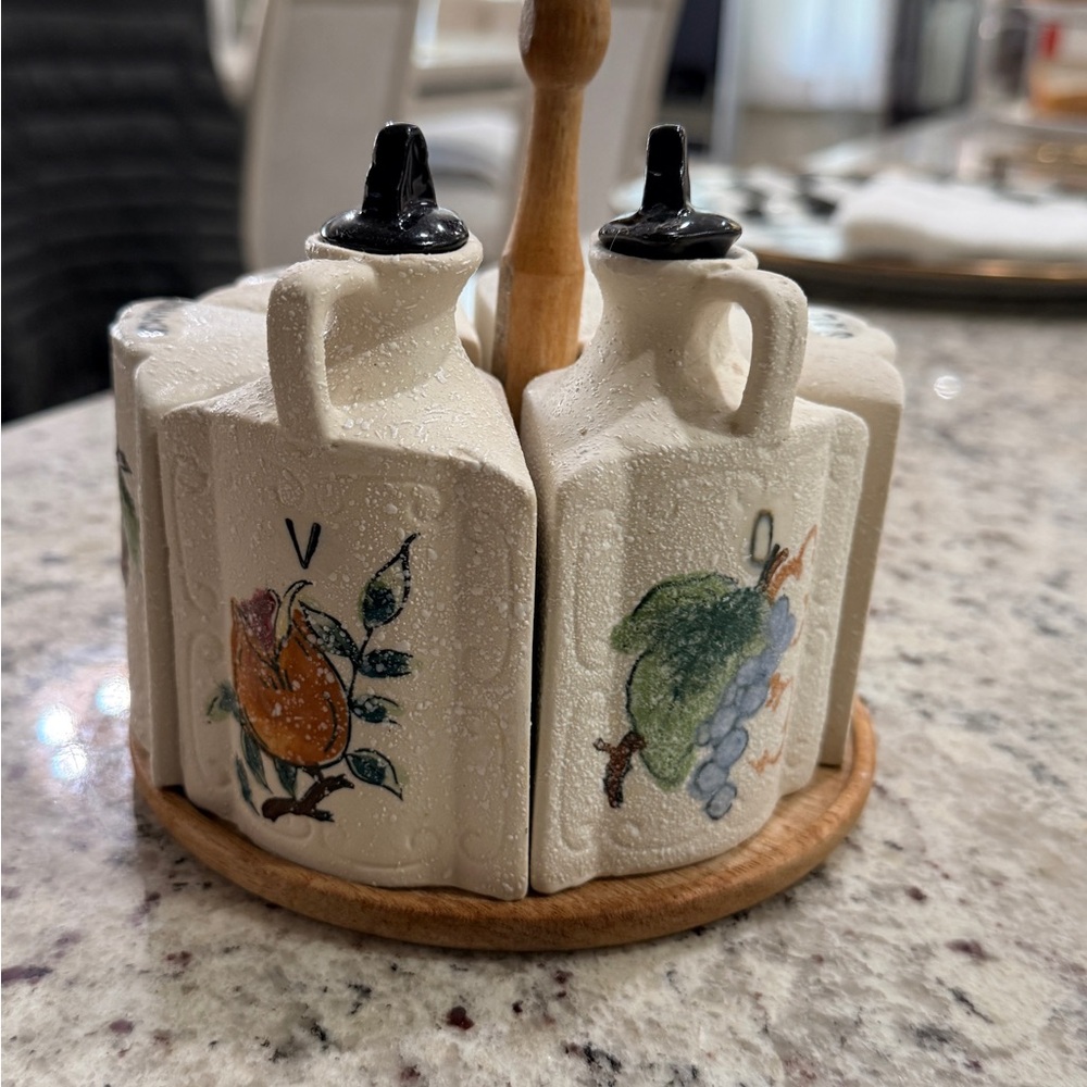 Vintage Ceramic Spice and Oil Set with Wooden Base